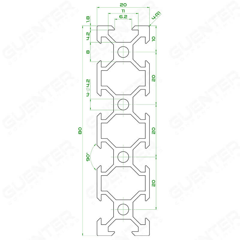 อลูมิเนียมโปรไฟล์ 20x80 V-Slot - Dimension - Guenter.co.th