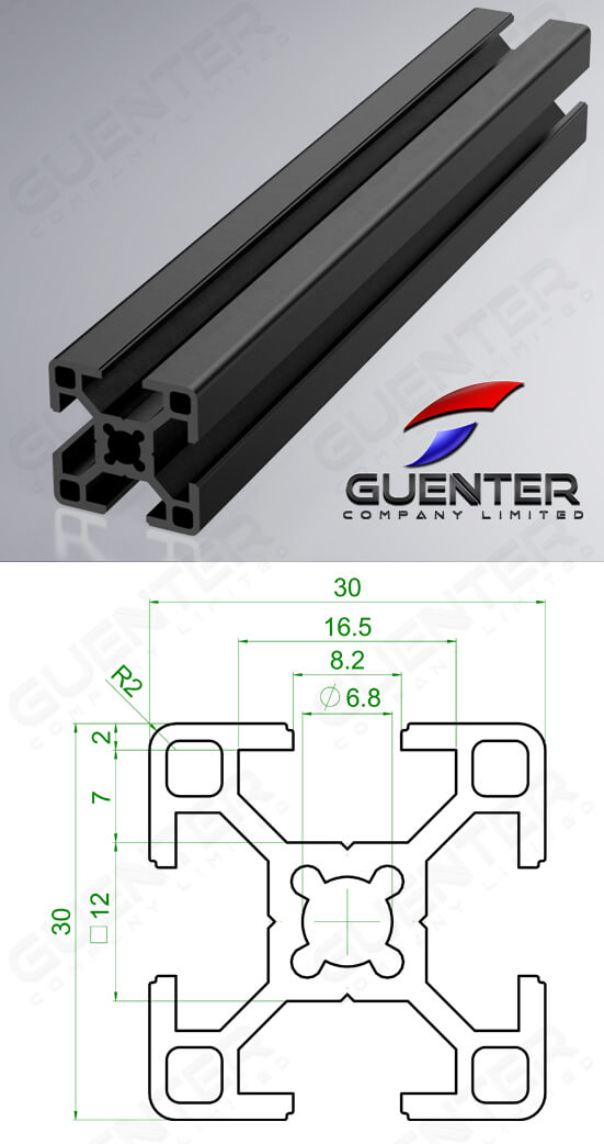 อลูมิเนียมโปรไฟล์ 30×30 T-Slot Black ความยาว 4000 mm - Image - Guenter.co.th