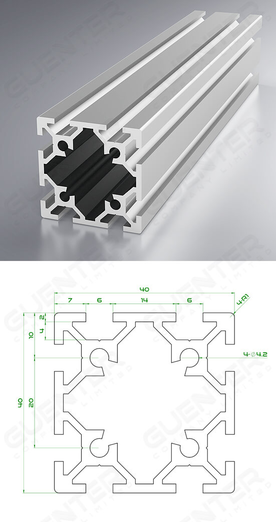 อลูมิเนียมโปรไฟล์ 40x40 2T-Slot Aluminium Profile 40x40 2T-Slot - Image - Guenter.co.th