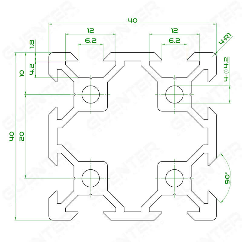 อลูมิเนียมโปรไฟล์ 40x40 2V-Slot Black - Dimension - Guenter.co.th