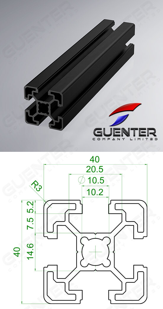 อลูมิเนียมโปรไฟล์ 40×40 T-Slot Black ความยาว 4000 mm - Image - Guenter.co.th