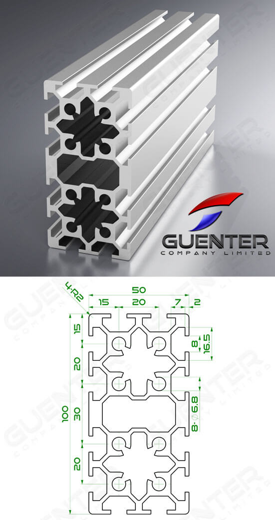 อลูมิเนียมโปรไฟล์ 50×100 2T-Slot ความยาว 4000 mm - Image - Guenter.co.th