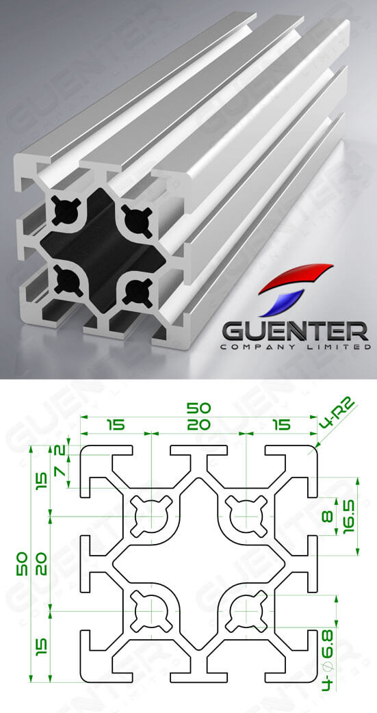 อลูมิเนียมโปรไฟล์ 50×50 2T-Slot ความยาว 4000 mm - Image - Guenter.co.th