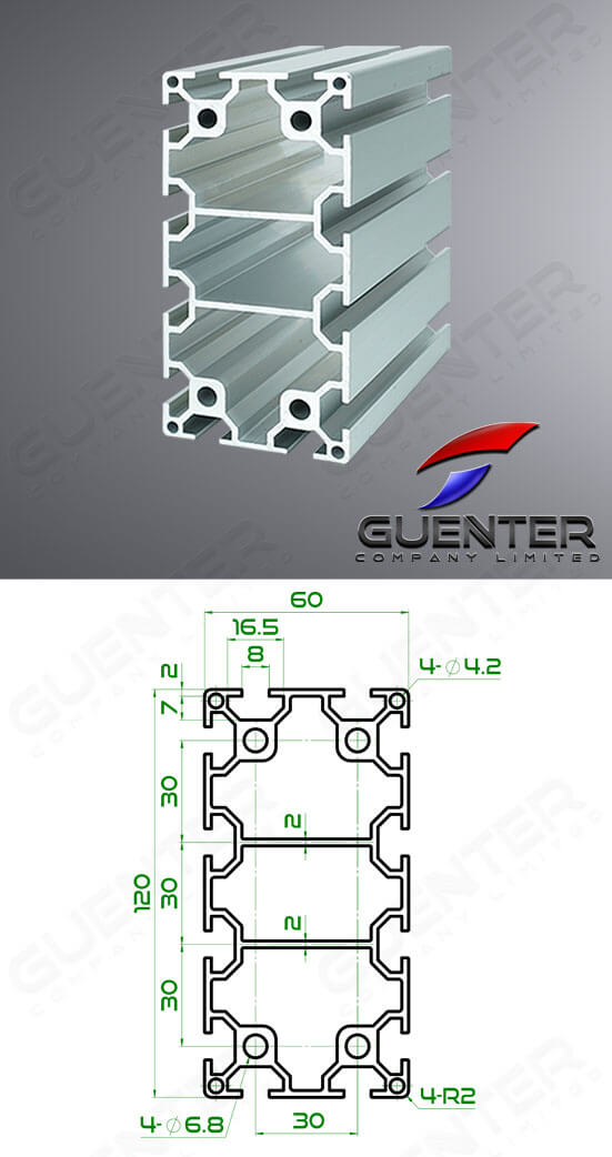 อลูมิเนียมโปรไฟล์ 60×120 2T-Slot - Image + Dimension - Guenter.co.th