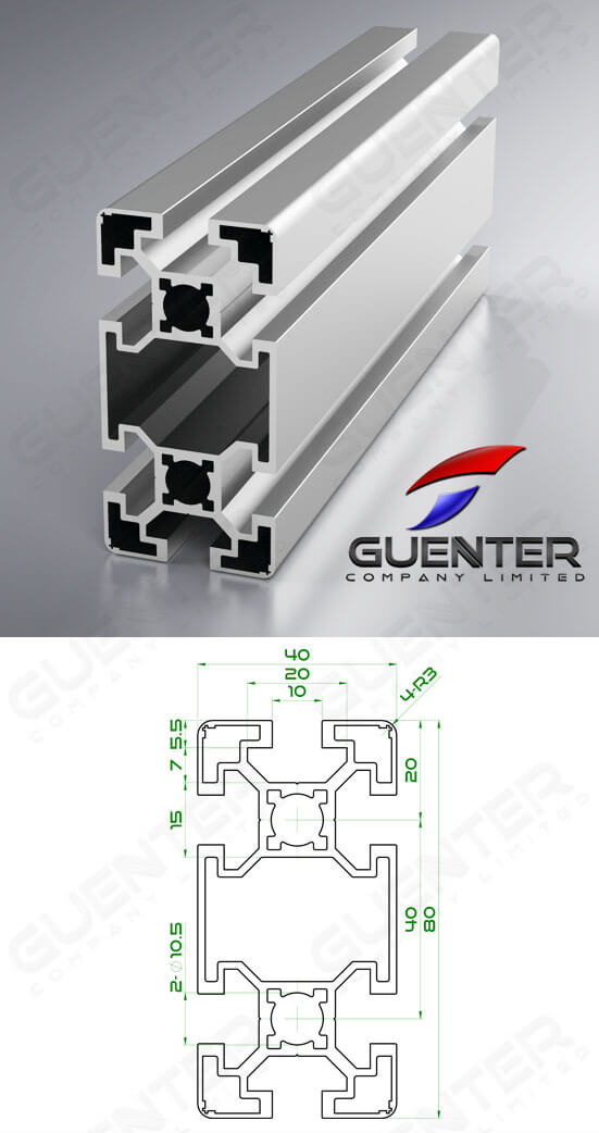 อลูมิเนียมโปรไฟล์ 40×80 T-Slot ความยาว 6000 mm - Image - Guenter.co.th