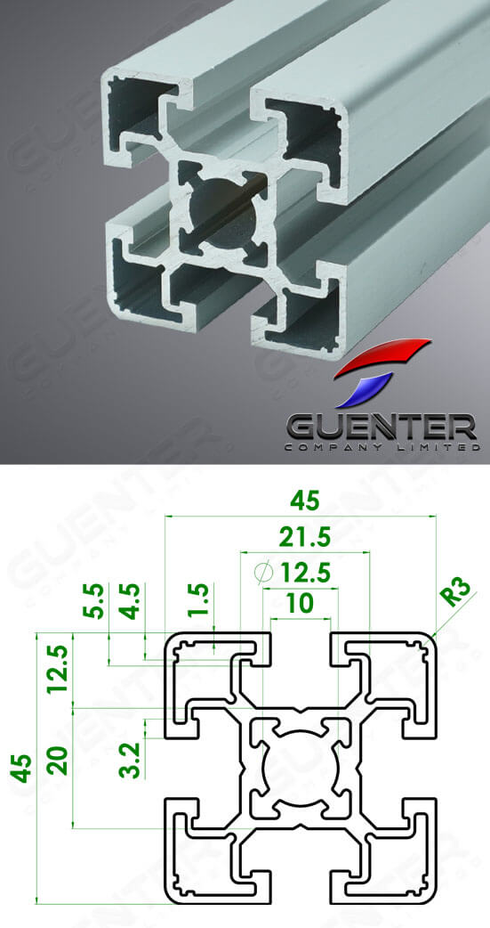 อลูมิเนียมโปรไฟล์ 45×45 T-Slot - Web + Dimension - Guenter.co.th