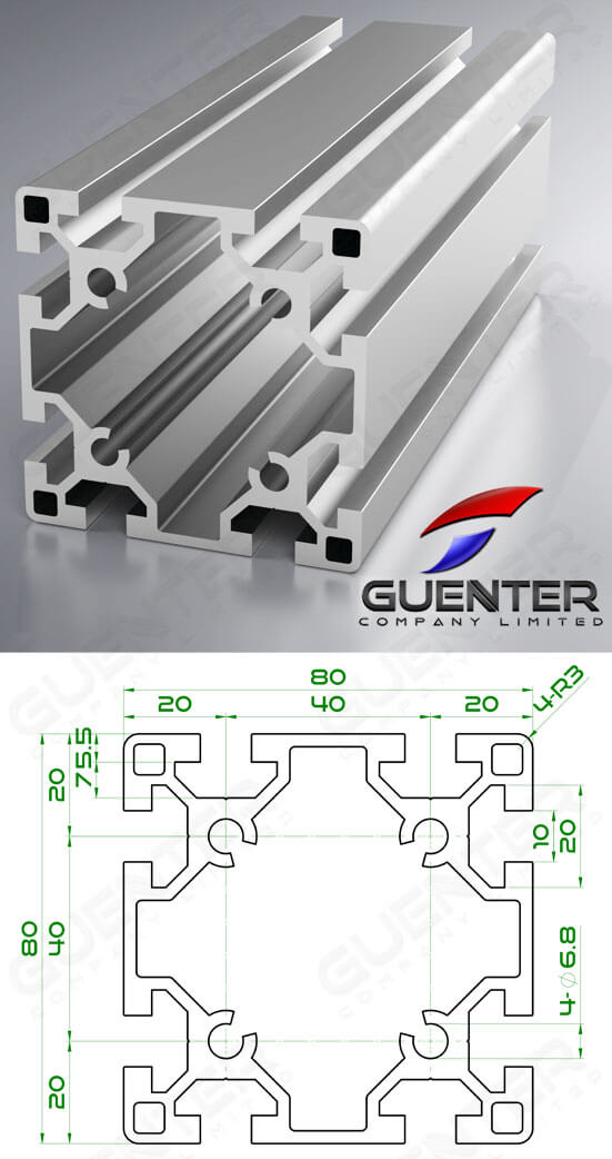 อลูมิเนียมโปรไฟล์ 80×80 2T-Slot ความยาว 6000 mm - Image - Guenter.co.th