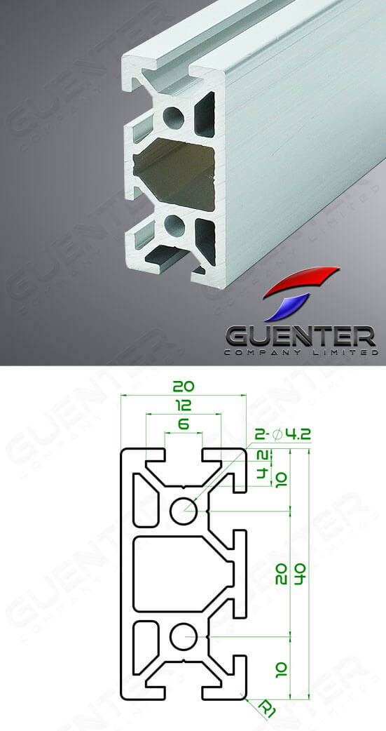 อลูมิเนียมโปรไฟล์ 20x40 1 Close T-Slot - For Web + Dimension - Guenter.co.th