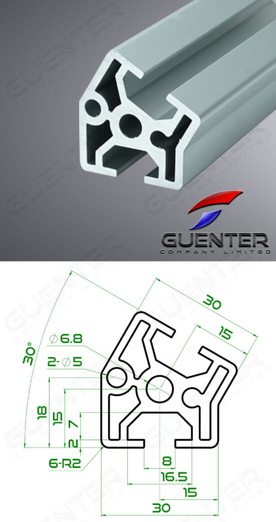 อลูมิเนียมโปรไฟล์ 30×30 30 องศา - Image + Dimension - Guenter.co.th