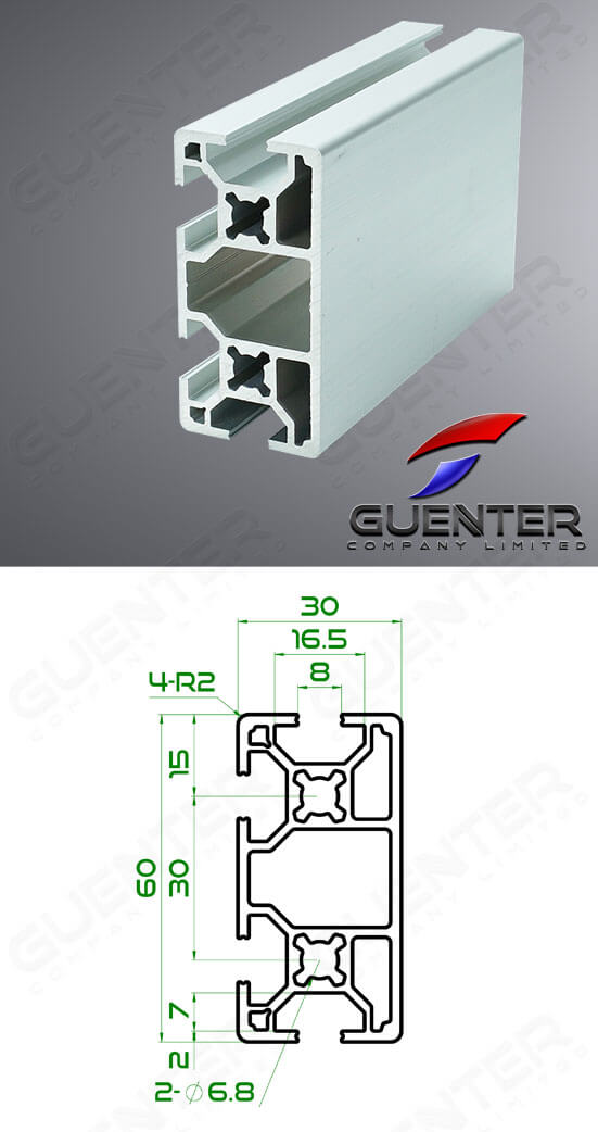 อลูมิเนียมโปรไฟล์ 30×60 1 Close - Image + Dimension - Guenter.co.th