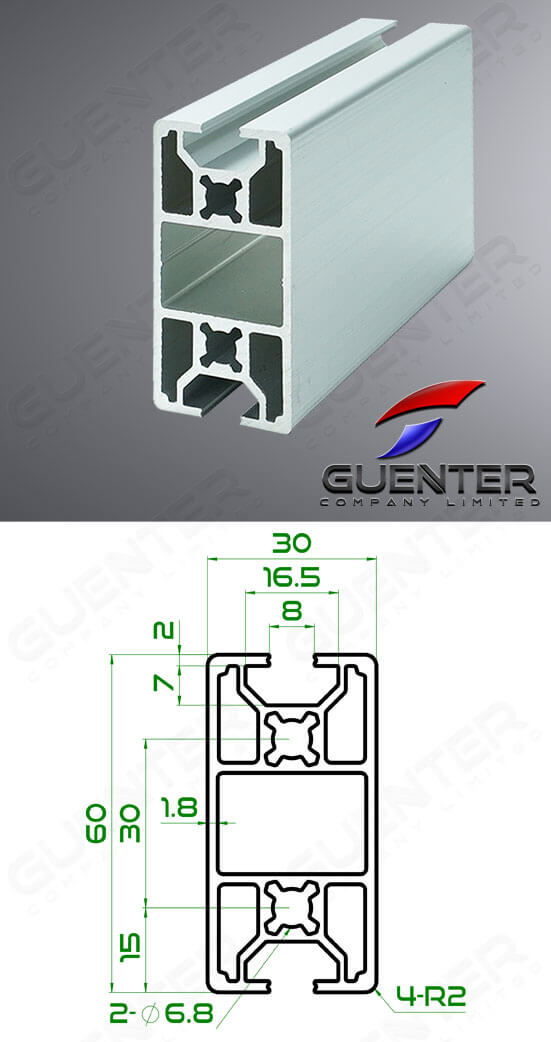 อลูมิเนียมโปรไฟล์ 30×60 2 Close H - Image + Dimension - Guenter.co.th