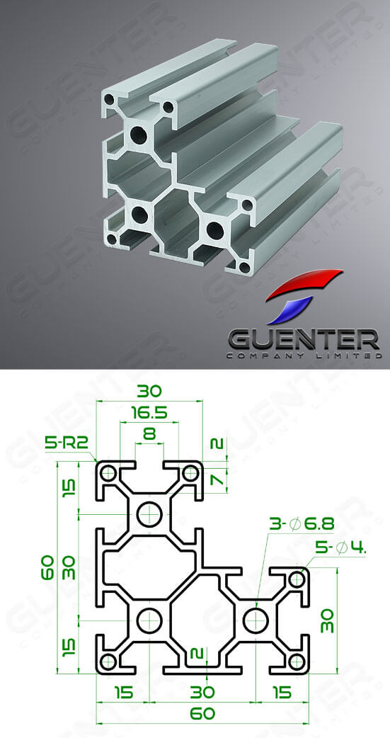 อลูมิเนียมโปรไฟล์ 30×60x60 T-Slot - Image + Dimension - Guenter.co.th