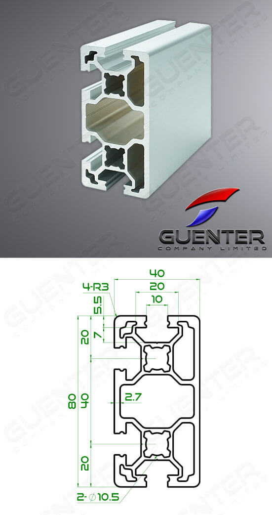 อลูมิเนียมโปรไฟล์ 40x80 1 Close T-Slot - For Web + Dimension - Guenter.co.th