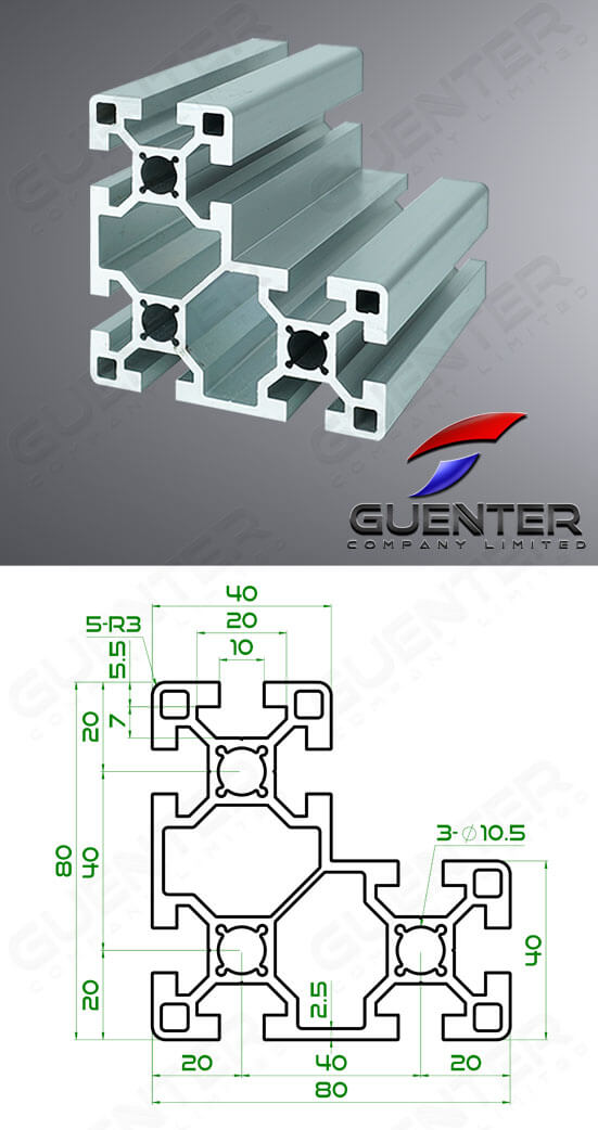 อลูมิเนียมโปรไฟล์ 40x80x80 2T-Slot - Web + Dimension - Guenter.co.th