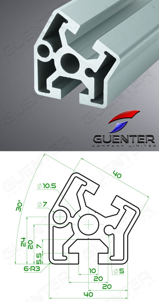 อลูมิเนียมโปรไฟล์ 40×40 30 องศา - Image + Dimension - Guenter.co.th