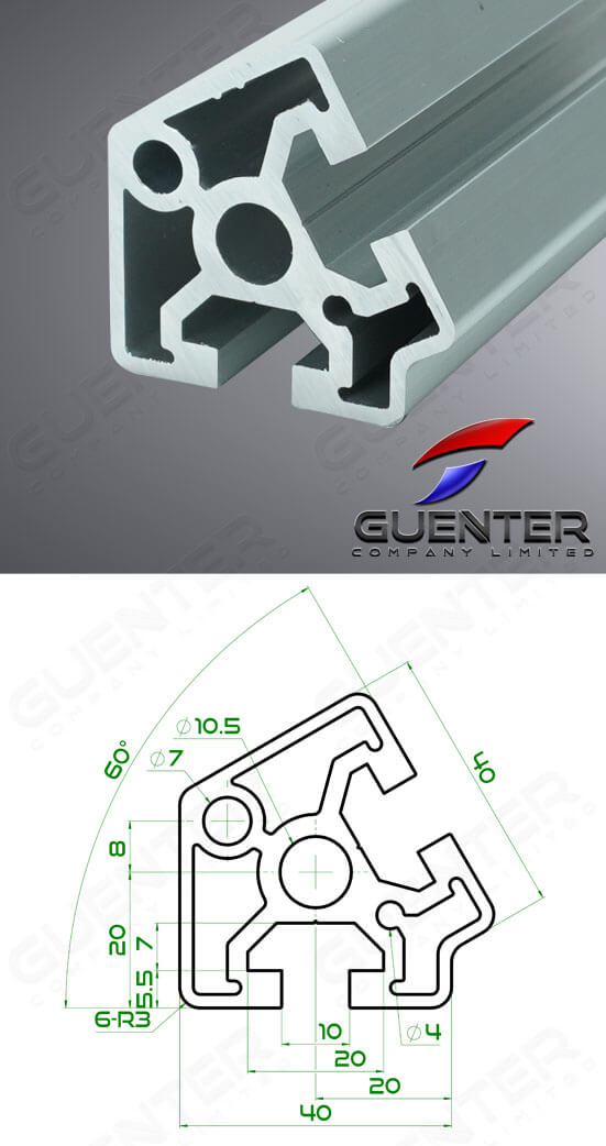 อลูมิเนียมโปรไฟล์ 40×40 60 องศา - Image + Dimension - Guenter.co.th