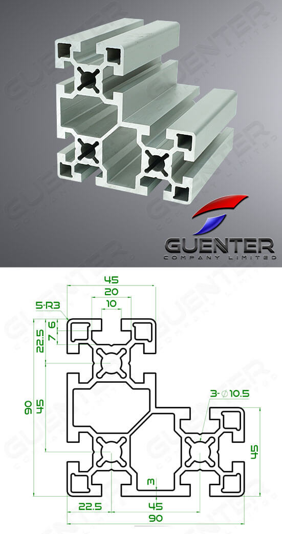 อลูมิเนียมโปรไฟล์ 45×90x90 2T-Slot - For Web + Dimension - Guenter.co.th